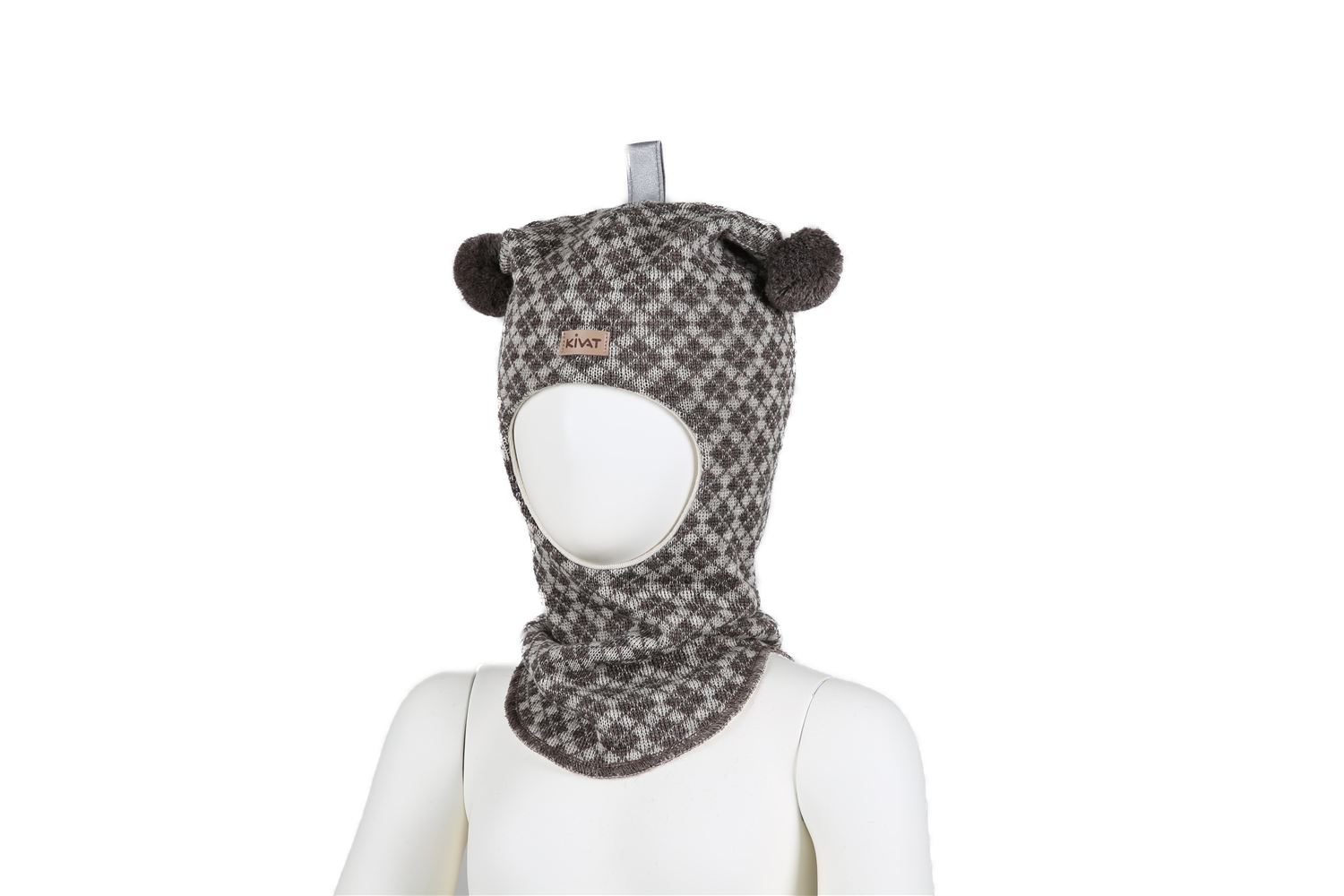 Kivat Balaclava Lue brunmelert diamantmønster m/skinnlapp