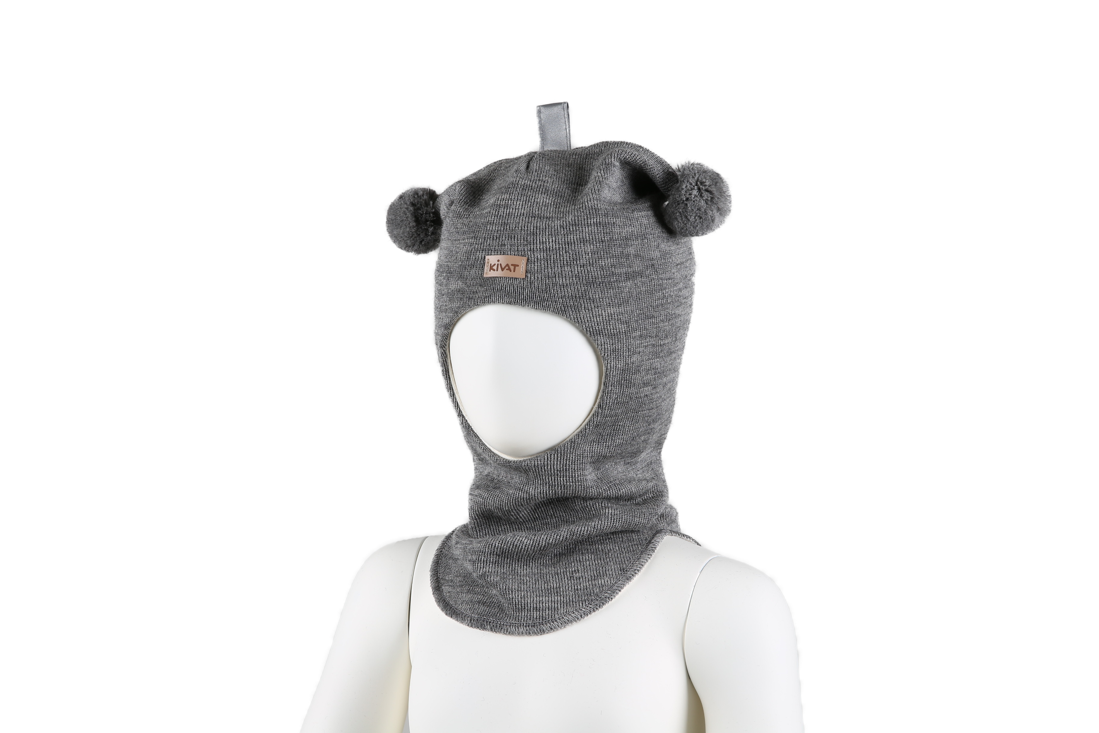 Kivat Balaclava Lue Ull lysgrå melert dusk og skinnlapp