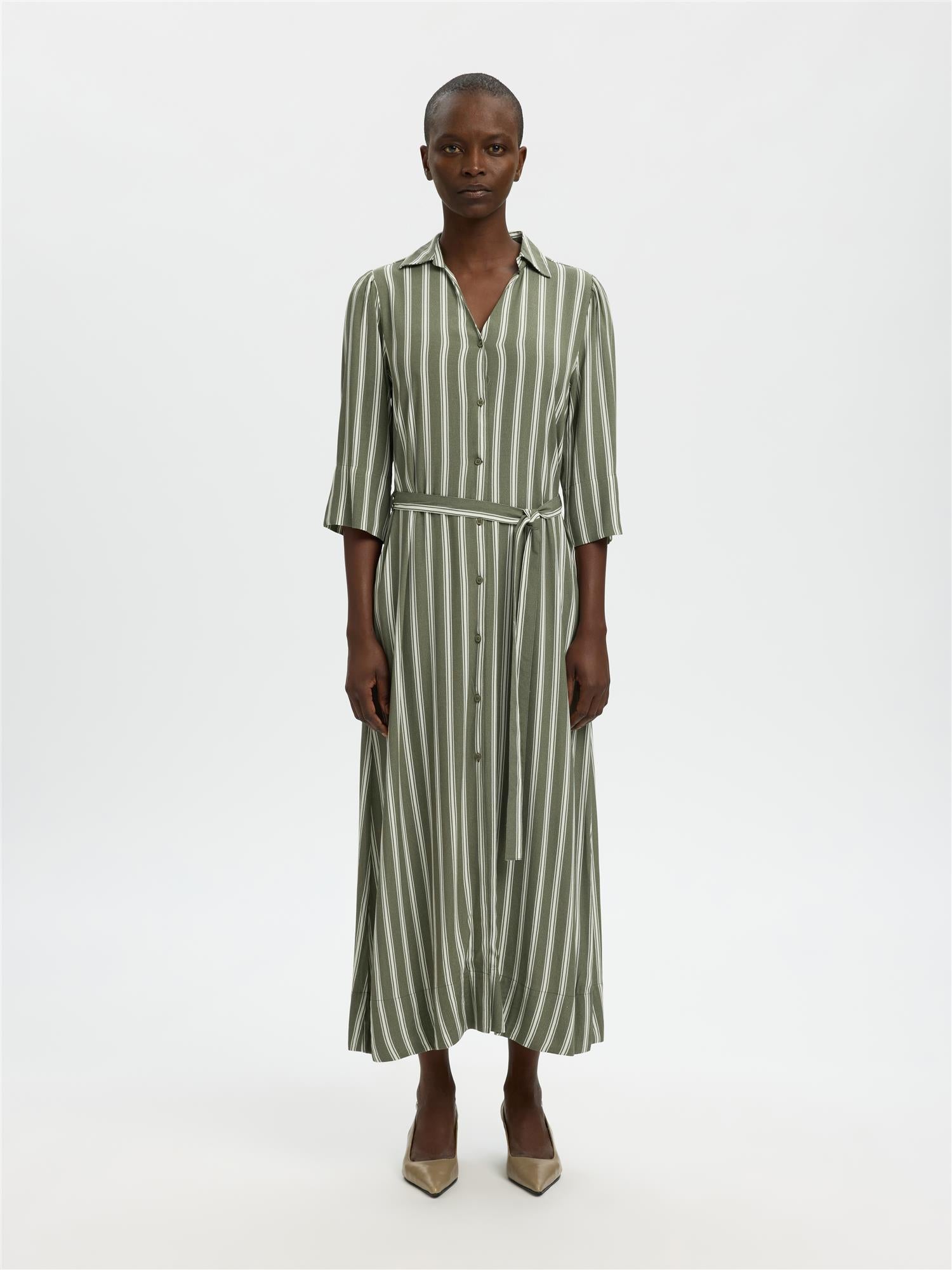 Selected FLORA  3/4 ANKLE SHIRT DRESS Stripe Egret