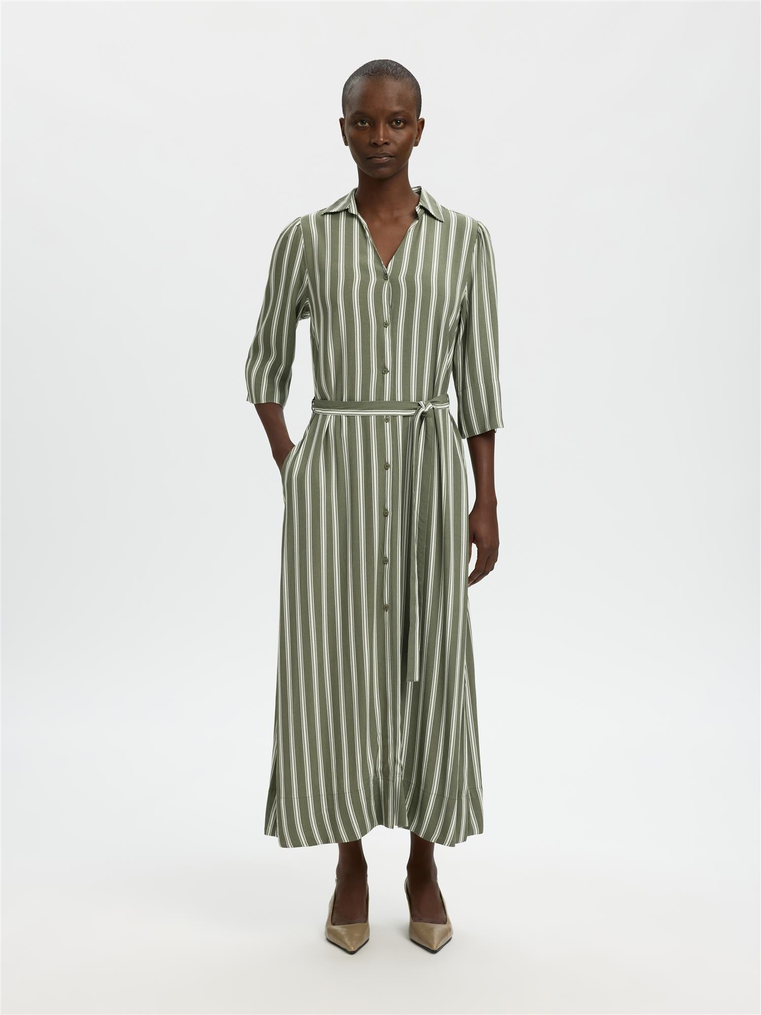 Selected FLORA  3/4 ANKLE SHIRT DRESS Stripe Egret