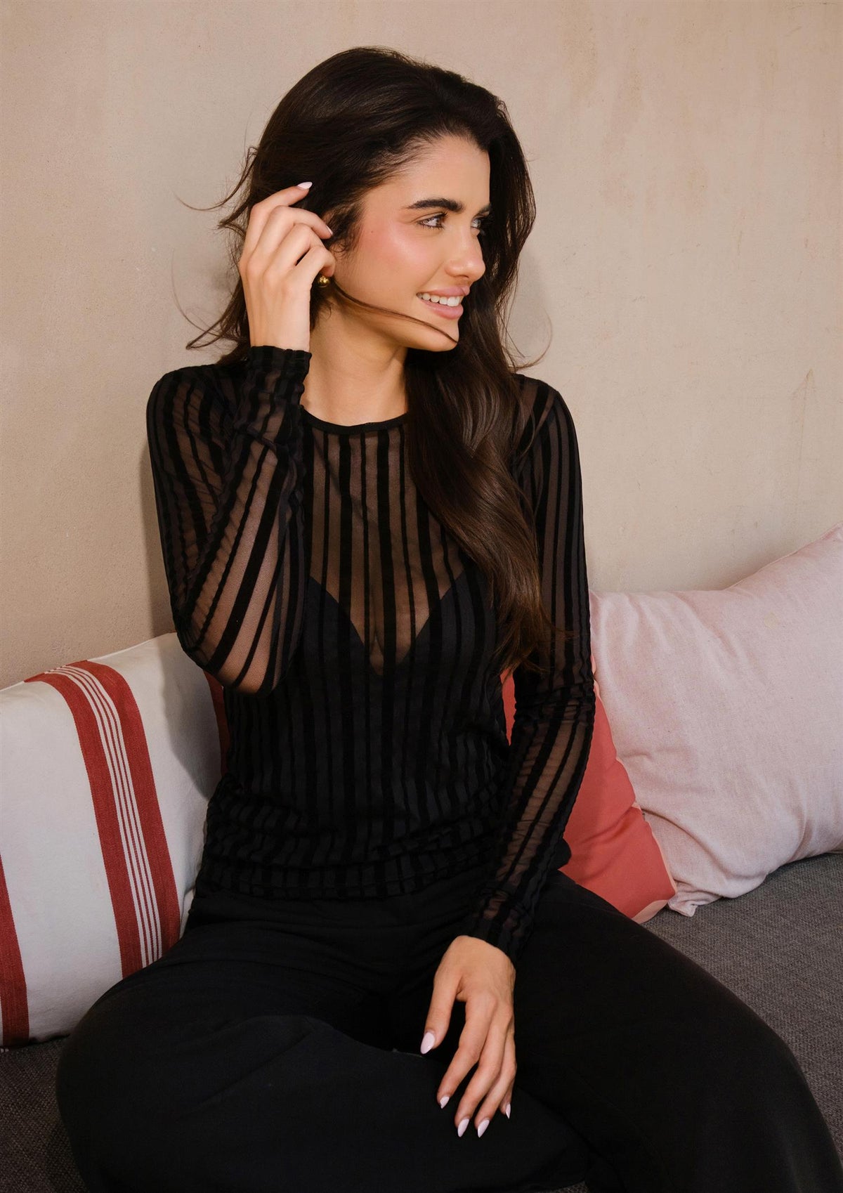 MESH LS TSHIRT, FLOCK STRIPE