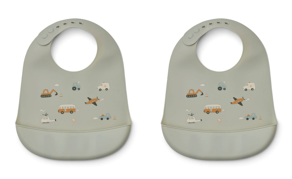 Liewood Tilda silicone bib solid - 2 pack Vehicles/dove blue mix
