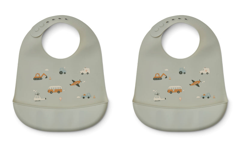 Liewood Tilda silicone bib solid - 2 pack Vehicles/dove blue mix